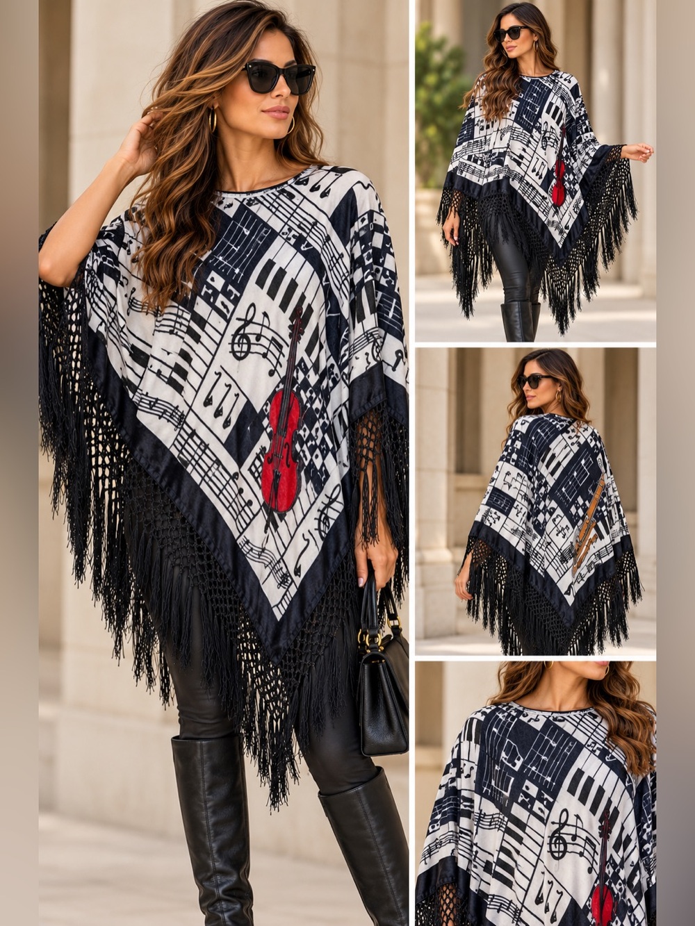 Music Note Piano Violin Silk Rayon Fringe Poncho Top Boho Artsy
